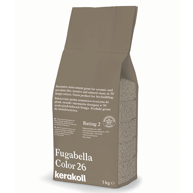 Kerakoll Fugabella Color brown grout bag standing upright with folded top and printed product label.