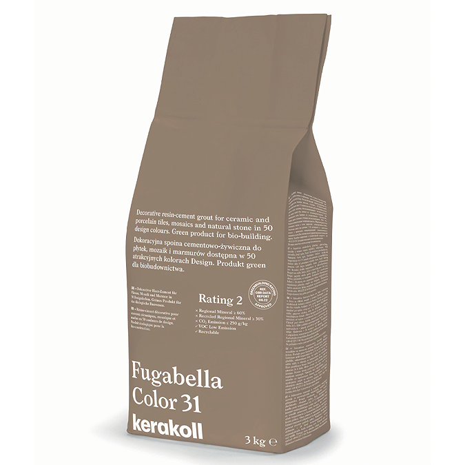 Kerakoll Fugabella Color brown grout bag standing upright with folded top and printed product label.