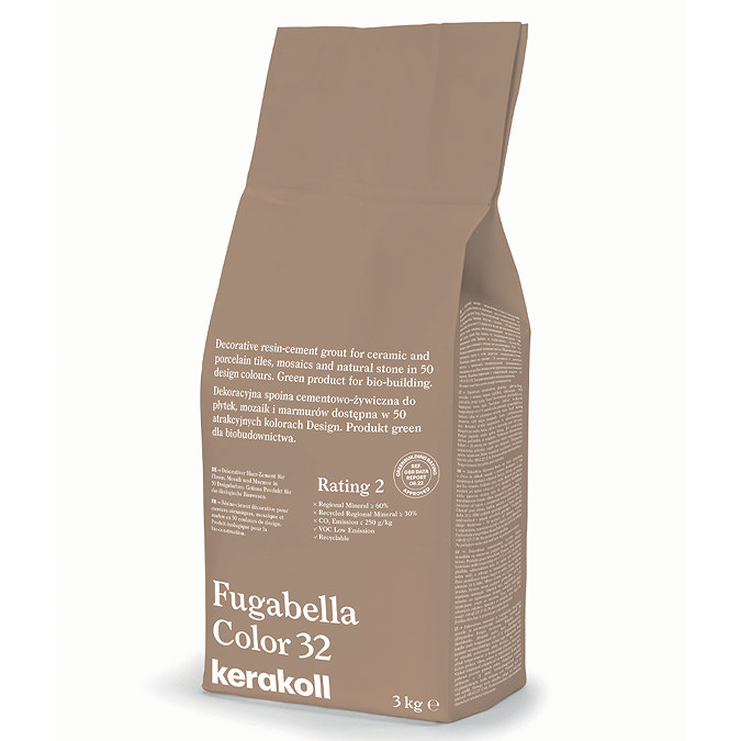 Kerakoll Fugabella Color brown grout bag standing upright with folded top and printed product label.