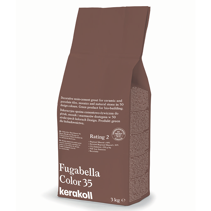 Kerakoll Fugabella Color reddish-brown grout bag standing upright with folded top and printed product label.