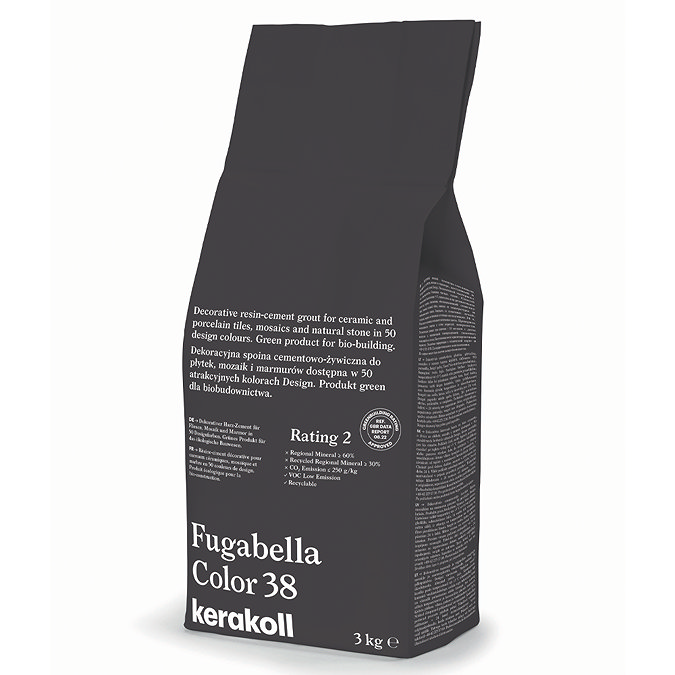 Kerakoll Fugabella Color brown grout bag standing upright with folded top and printed product label.