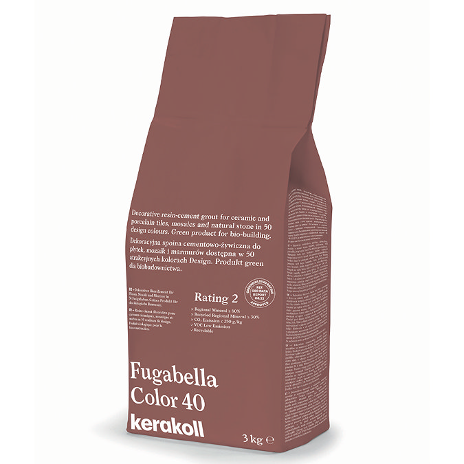 Kerakoll Fugabella Color red-brown grout bag standing upright with folded top and printed product label.