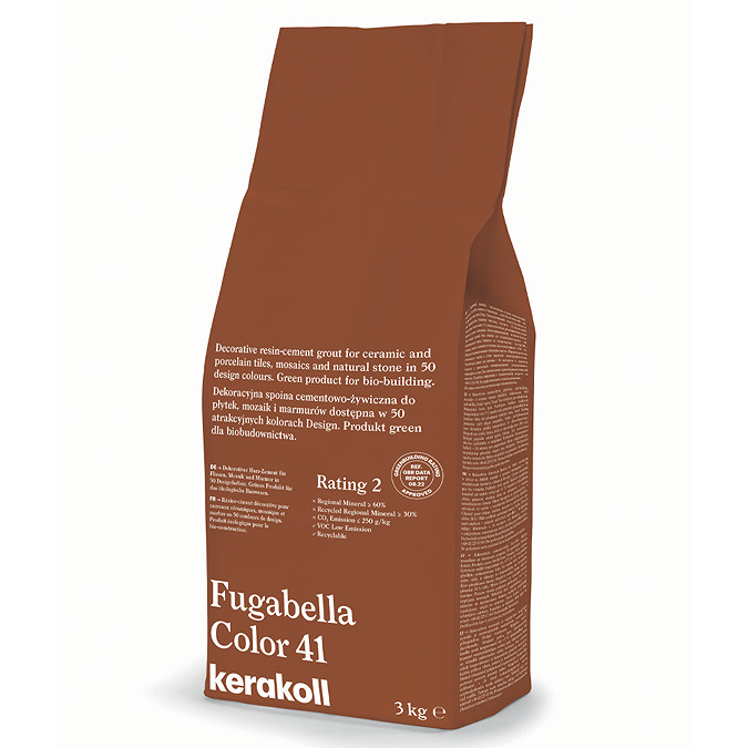 Kerakoll Fugabella Color dark orange grout bag standing upright with folded top and printed product label.