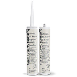 Two Kerakoll Silicone Color cream sealant tubes standing upright, one with nozzle attached and one with cap.