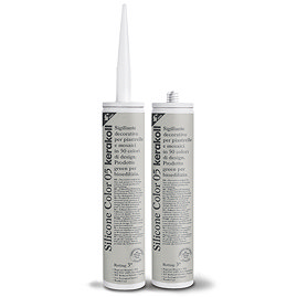 Two Kerakoll Silicone Color beige sealant tubes standing upright, one with nozzle attached and one with cap.