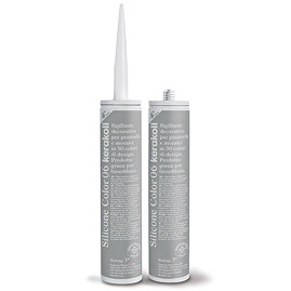 Two Kerakoll Silicone Color grey sealant tubes standing upright, one with nozzle attached and one with cap.