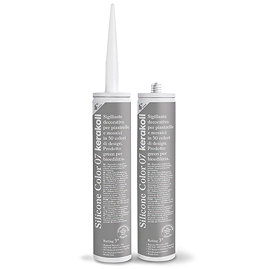Two Kerakoll Silicone Color grey sealant tubes standing upright, one with nozzle attached and one with cap.
