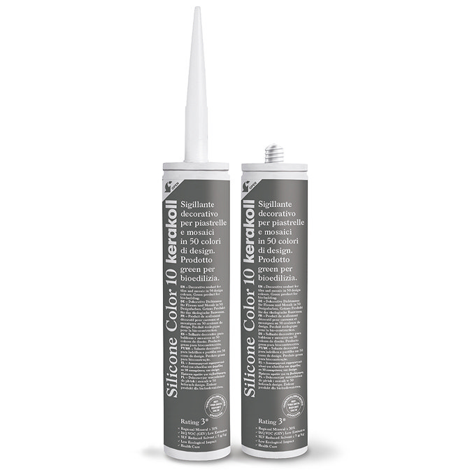 Two Kerakoll Silicone Color grey sealant tubes standing upright, one with nozzle attached and one with cap.
