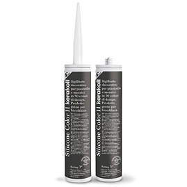 Two Kerakoll Silicone Color brown sealant tubes standing upright, one with nozzle attached and one with cap.