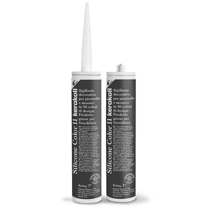 Two Kerakoll Silicone Color brown sealant tubes standing upright, one with nozzle attached and one with cap.