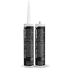 Two Kerakoll Silicone Color black sealant tubes standing upright, one with nozzle attached and one with cap.