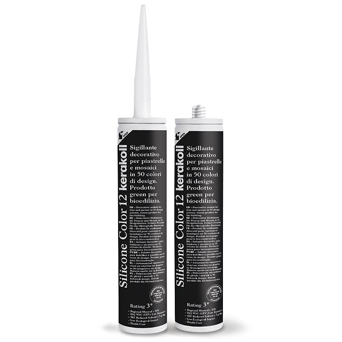 Two Kerakoll Silicone Color black sealant tubes standing upright, one with nozzle attached and one with cap.