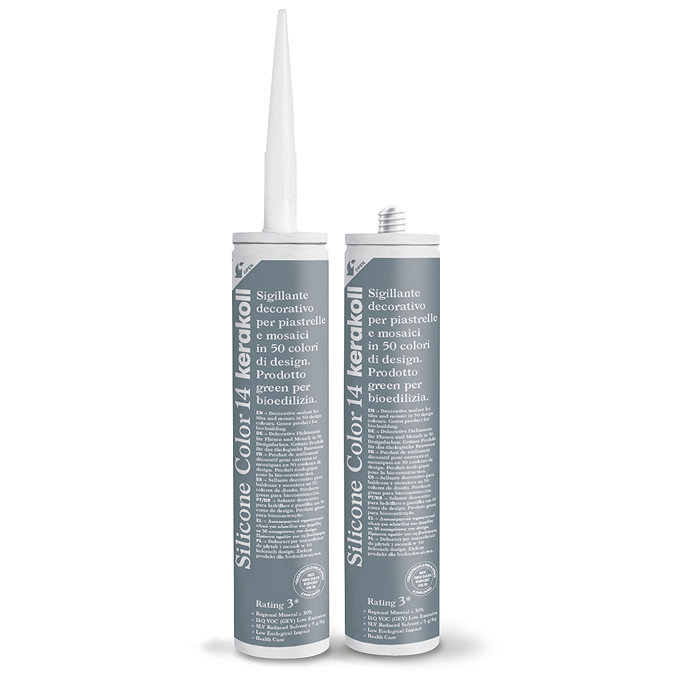 Two Kerakoll Silicone Color blue sealant tubes standing upright, one with nozzle attached and one with cap.