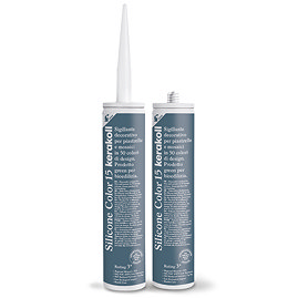 Two Kerakoll Silicone Color blue sealant tubes standing upright, one with nozzle attached and one with cap.