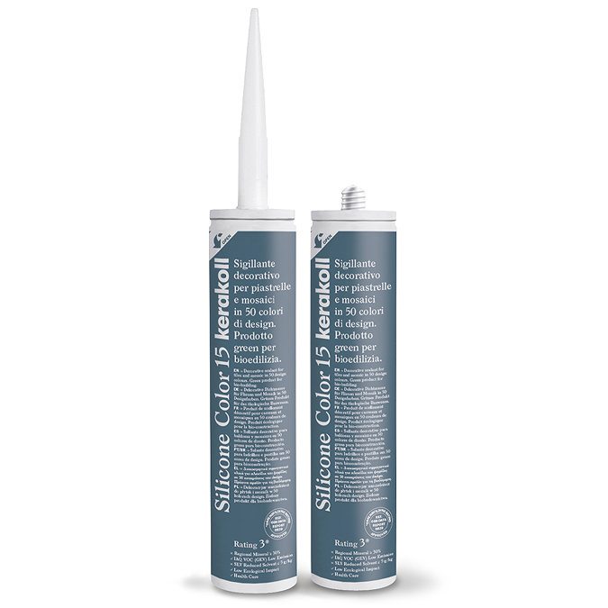 Two Kerakoll Silicone Color blue sealant tubes standing upright, one with nozzle attached and one with cap.