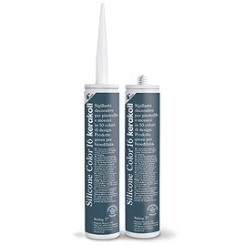 Two Kerakoll Silicone Color teal sealant tubes standing upright, one with nozzle attached and one with cap.