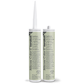 Two Kerakoll Silicone Color light green sealant tubes standing upright, one with nozzle attached and one with cap.