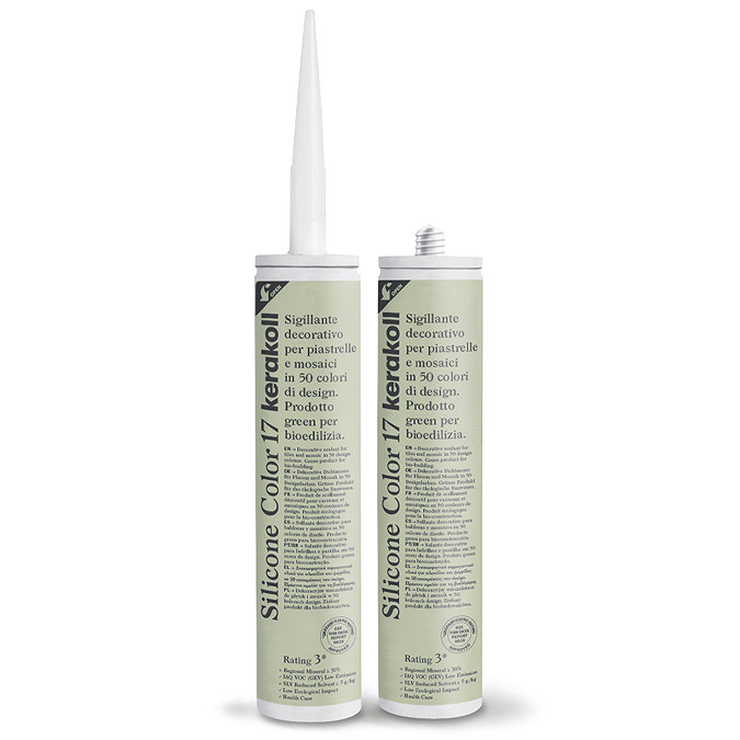Two Kerakoll Silicone Color light green sealant tubes standing upright, one with nozzle attached and one with cap.