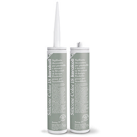 Two Kerakoll Silicone Color sage green sealant tubes standing upright, one with nozzle attached and one with cap.