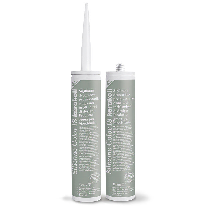 Two Kerakoll Silicone Color sage green sealant tubes standing upright, one with nozzle attached and one with cap.