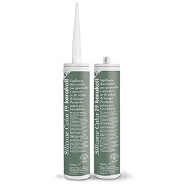 Two Kerakoll Silicone Color green sealant tubes standing upright, one with nozzle attached and one with cap.
