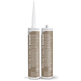 Two Kerakoll Silicone Color brown sealant tubes standing upright, one with nozzle attached and one with cap.