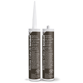 Two Kerakoll Silicone Color brown sealant tubes standing upright, one with nozzle attached and one with cap.