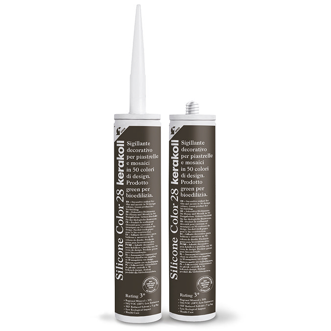 Two Kerakoll Silicone Color brown sealant tubes standing upright, one with nozzle attached and one with cap.