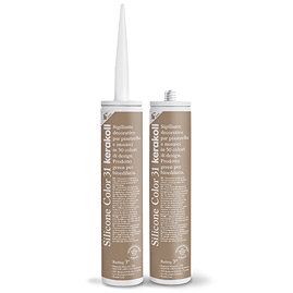 Two Kerakoll Silicone Color brown sealant tubes standing upright, one with nozzle attached and one with cap.