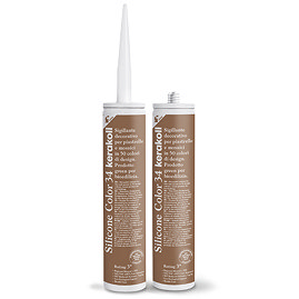 Two Kerakoll Silicone Color brown sealant tubes standing upright, one with nozzle attached and one with cap.