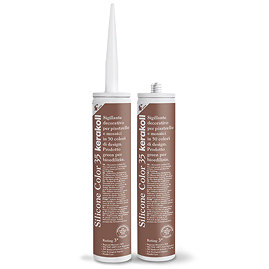 Two Kerakoll Silicone Color brown sealant tubes standing upright, one with nozzle attached and one with cap.