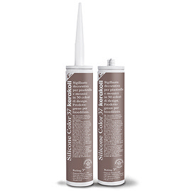 Two Kerakoll Silicone Color brown sealant tubes standing upright, one with nozzle attached and one with cap.