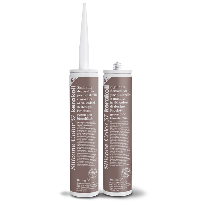 Two Kerakoll Silicone Color brown sealant tubes standing upright, one with nozzle attached and one with cap.