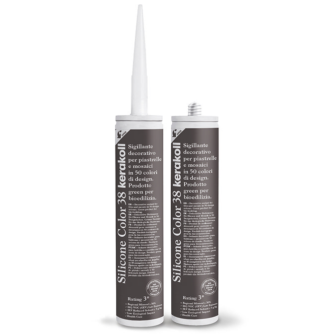 Two Kerakoll Silicone Color brown sealant tubes standing upright, one with nozzle attached and one with cap.