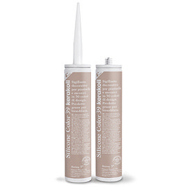Two Kerakoll Silicone Color light brown sealant tubes standing upright, one with nozzle attached and one with cap.