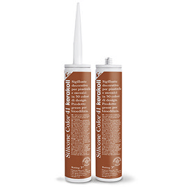 Two Kerakoll Silicone Color orange sealant tubes standing upright, one with nozzle attached and one with cap.