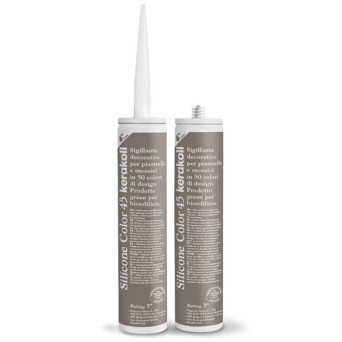 Two Kerakoll Silicone Color brown sealant tubes standing upright, one with nozzle attached and one with cap.