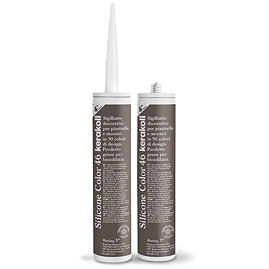 Two Kerakoll Silicone Color brown sealant tubes standing upright, one with nozzle attached and one with cap.