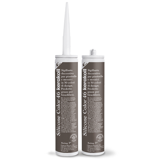 Two Kerakoll Silicone Color brown sealant tubes standing upright, one with nozzle attached and one with cap.