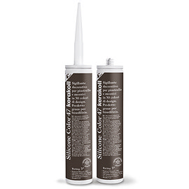 Two Kerakoll Silicone Color brown sealant tubes standing upright, one with nozzle attached and one with cap.