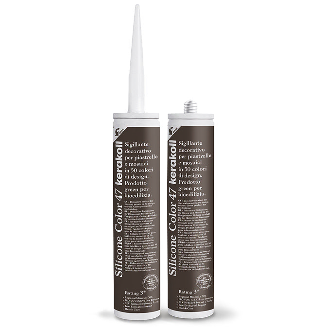 Two Kerakoll Silicone Color brown sealant tubes standing upright, one with nozzle attached and one with cap.