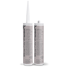Two Kerakoll Silicone Color light brown sealant tubes standing upright, one with nozzle attached and one with cap.