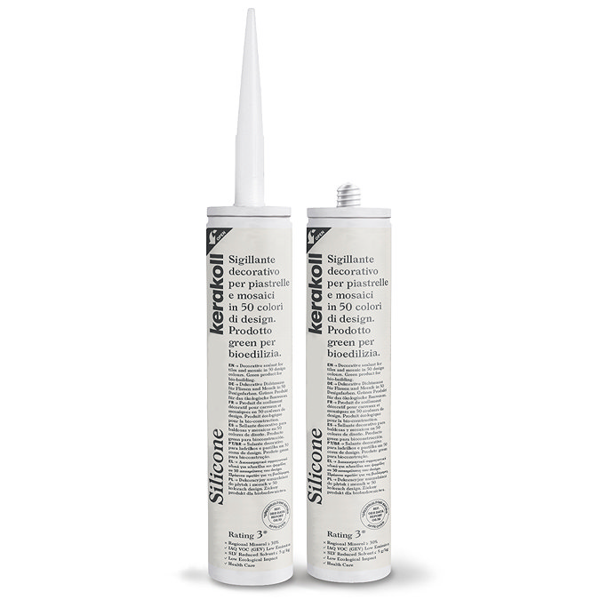 Two Kerakoll Silicone transparent sealant tubes standing upright, one with nozzle attached and one with cap.