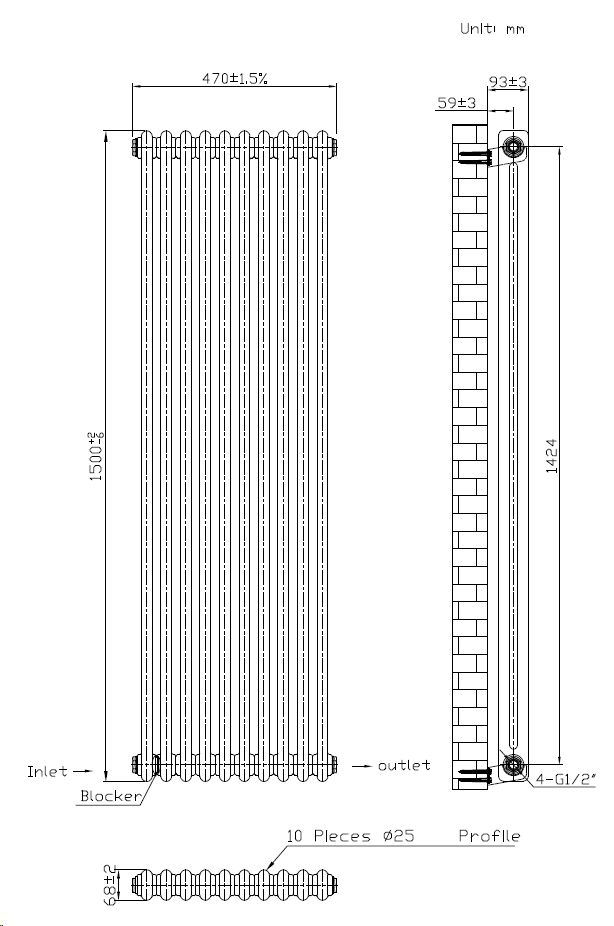 Keswick 1500 x 470mm Cast Iron Style Traditional 2 Column Anthracite Radiator