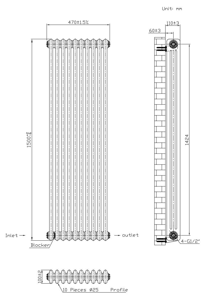 Keswick 1500 x 470mm Cast Iron Style Traditional 3 Column Anthracite Radiator