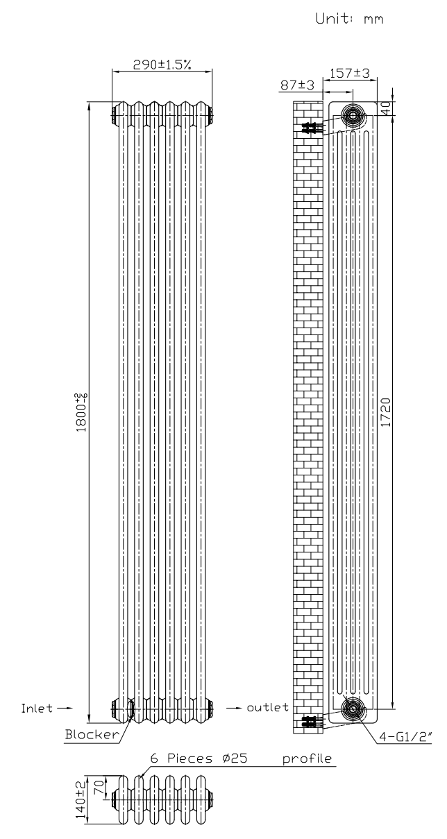 Keswick 1800 x 290mm Cast Iron Style Traditional 4 Column White Radiator
