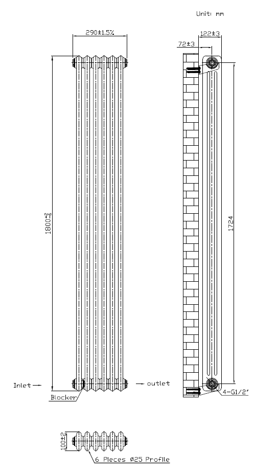 Keswick 1800 x 290mm Raw Metal (Lacquered) 3 Column Radiator