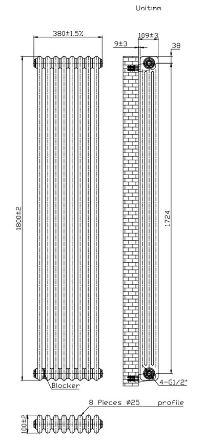 Keswick 1800 x 380mm Cast Iron Style Traditional 3 Column Anthracite Radiator