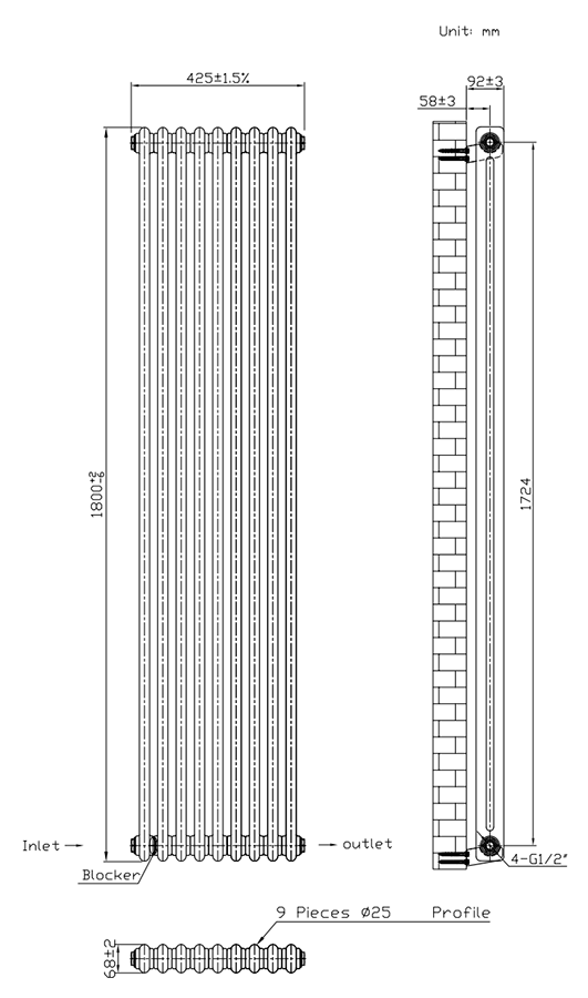 Keswick 1800 x 425mm Cast Iron Style Traditional 2 Column Matt Black Radiator