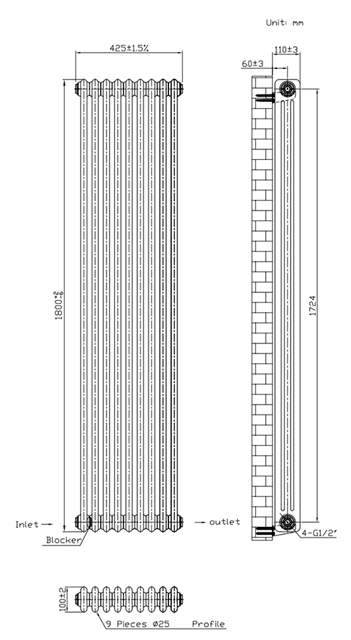 Keswick 1800 x 425mm Cast Iron Style Traditional 3 Column White Radiator